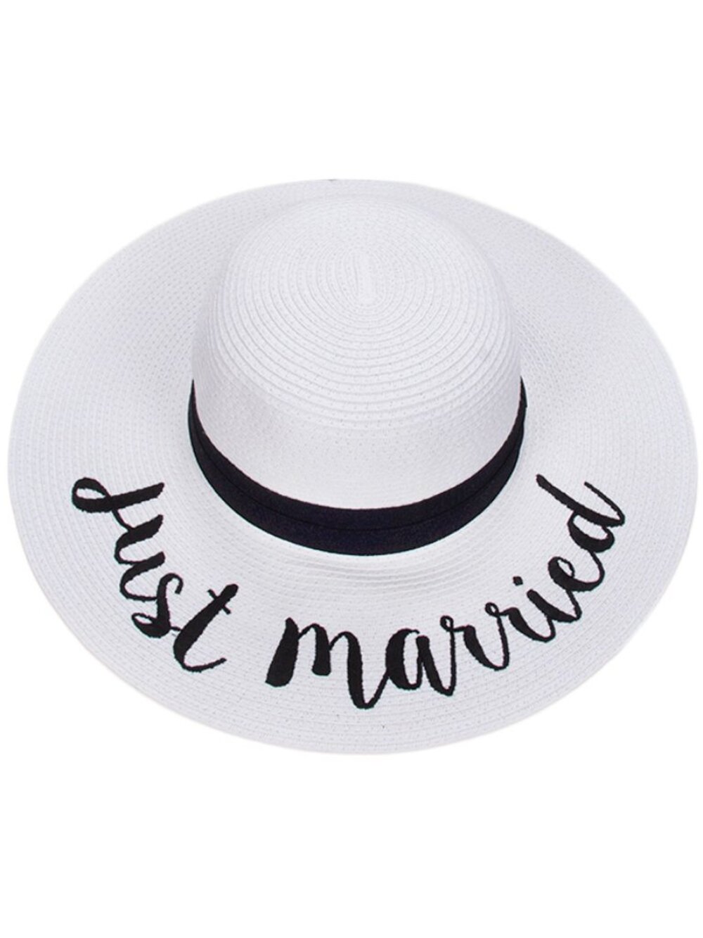 C.C JUST MARRIED White Spring Summer Ribbon Band Straw Brim Beach Hat
